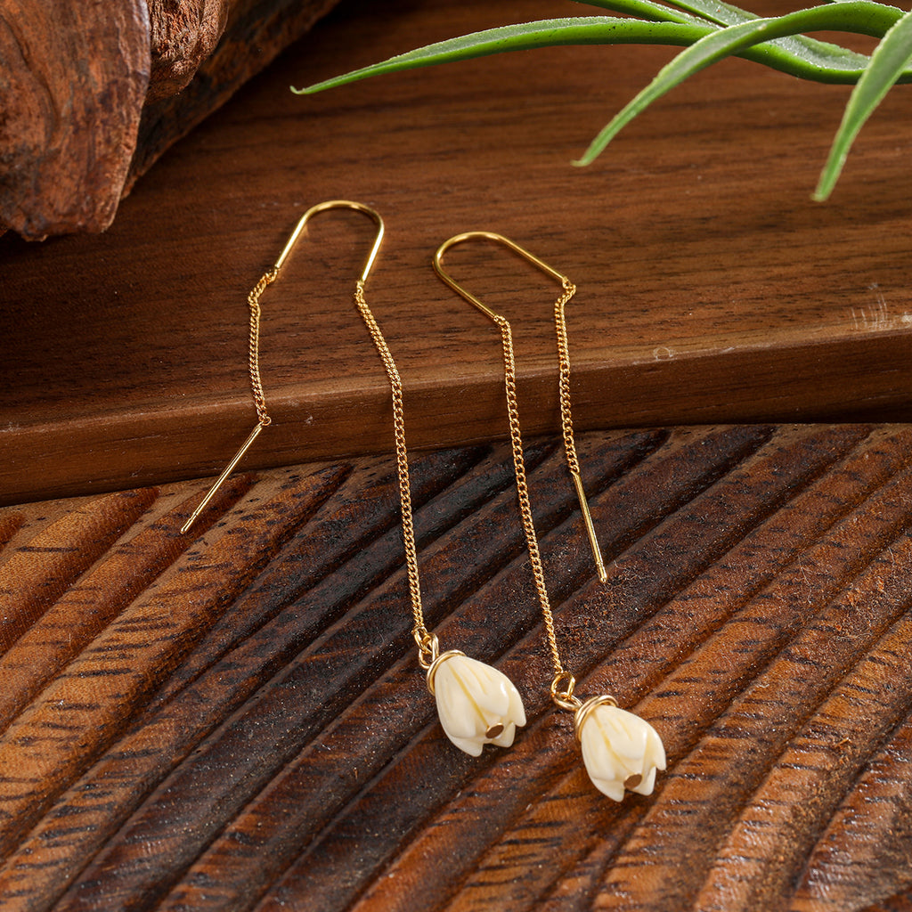 Hawaiian Ivory Color Pikake Flower Bead Drop Earrings