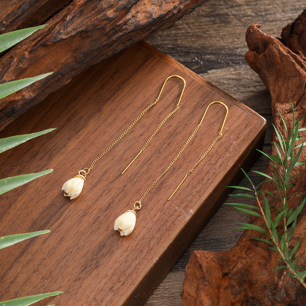 Hawaiian Ivory Color Pikake Flower Bead Drop Earrings