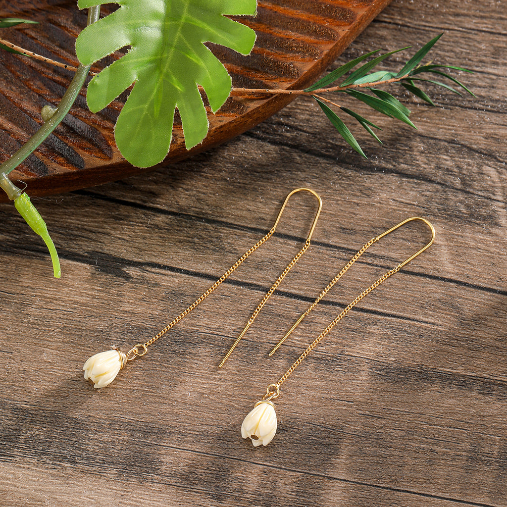 Hawaiian Ivory Color Pikake Flower Bead Drop Earrings