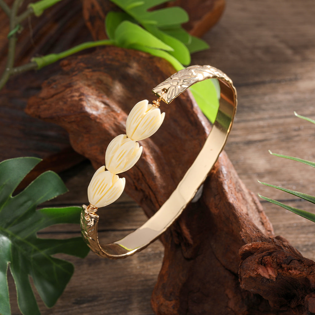 Carved Bracelet With Ivory Color Pikake Flower Beads In 2 Different Styles