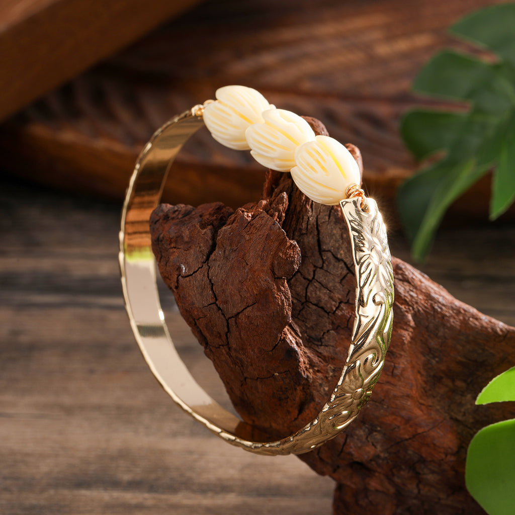 Carved Bracelet With Ivory Color Pikake Flower Beads In 2 Different Styles