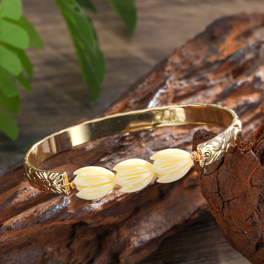 Carved Bracelet With Ivory Color Pikake Flower Beads In 2 Different Styles