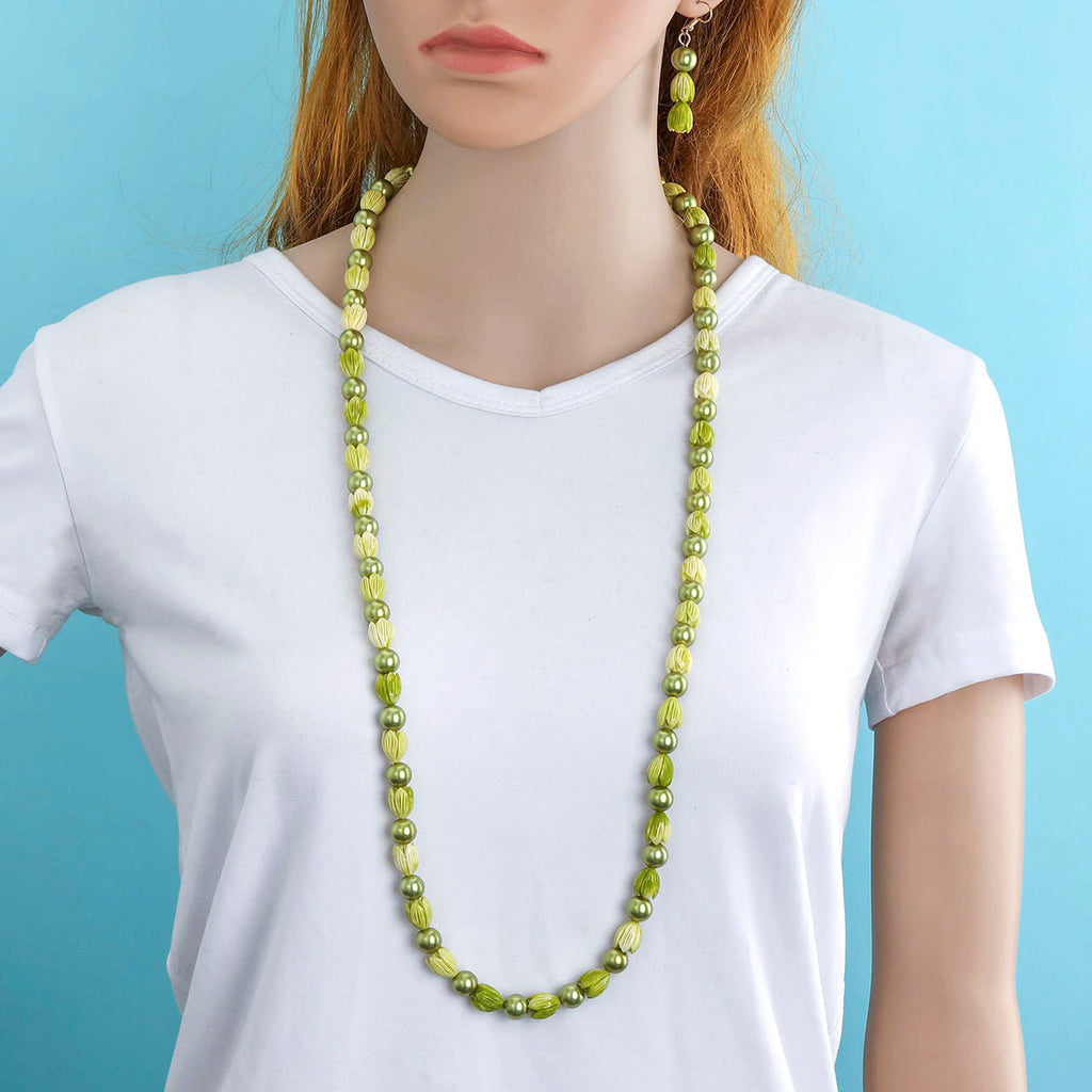 Set Of Bracelet, Earrings And Necklace With Hawaiian Green Pikake Flower Beads And Pistachio Tahitian Pearls