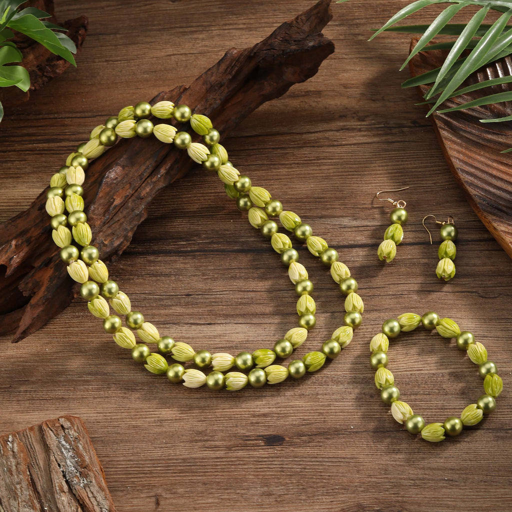 Set Of Bracelet, Earrings And Necklace With Hawaiian Green Pikake Flower Beads And Pistachio Tahitian Pearls