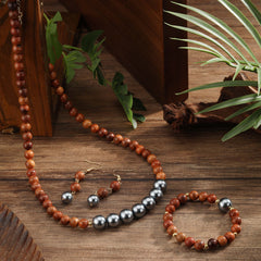 Set Of Hawaiian Sandal WoodBeads And Shell Pearls Necklace, Drop Earrings And Bracelet With Golden Beads In 2 Different Sizes