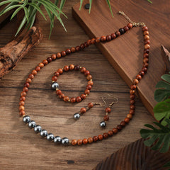 Set Of Hawaiian Sandal WoodBeads And Shell Pearls Necklace, Drop Earrings And Bracelet With Golden Beads In 2 Different Sizes