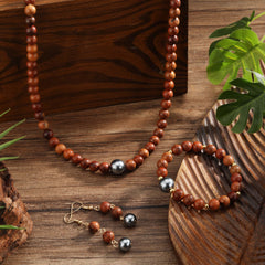 Set Of Hawaiian Sandal WoodBeads And Shell Pearls Necklace, Drop Earrings And Bracelet With Golden Beads In 2 Different Sizes