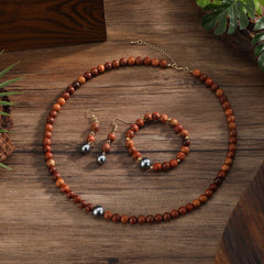 Set Of Hawaiian Sandal WoodBeads And Shell Pearls Necklace, Drop Earrings And Bracelet With Golden Beads In 2 Different Sizes