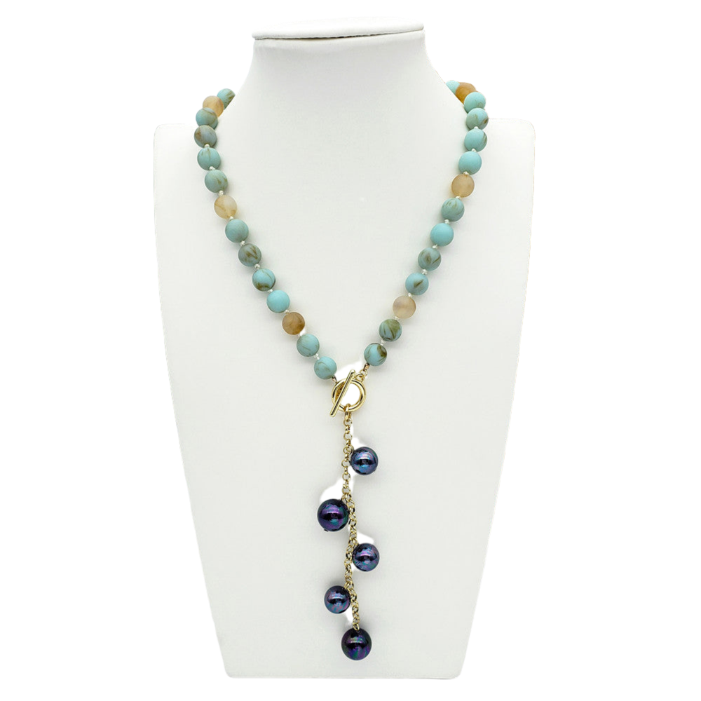 Aquamarine Gemstone Necklace With T-Bar And Toggle Sustained With A Chain Of Metallic Green-Purple Pearls