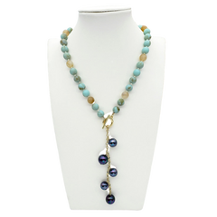 Aquamarine Gemstone Necklace With T-Bar And Toggle Sustained With A Chain Of Metallic Green-Purple Pearls