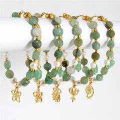 Green Gemstones & Pearls Bracelet With Light Silver Pearls And Golden Beads In Different Hawaiian Charms