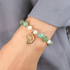 Green Gemstones & Pearls Bracelet With Light Silver Pearls And Golden Beads In Different Hawaiian Charms