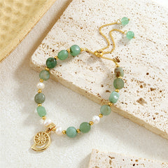 Green Gemstones & Pearls Bracelet With Light Silver Pearls And Golden Beads In Different Hawaiian Charms