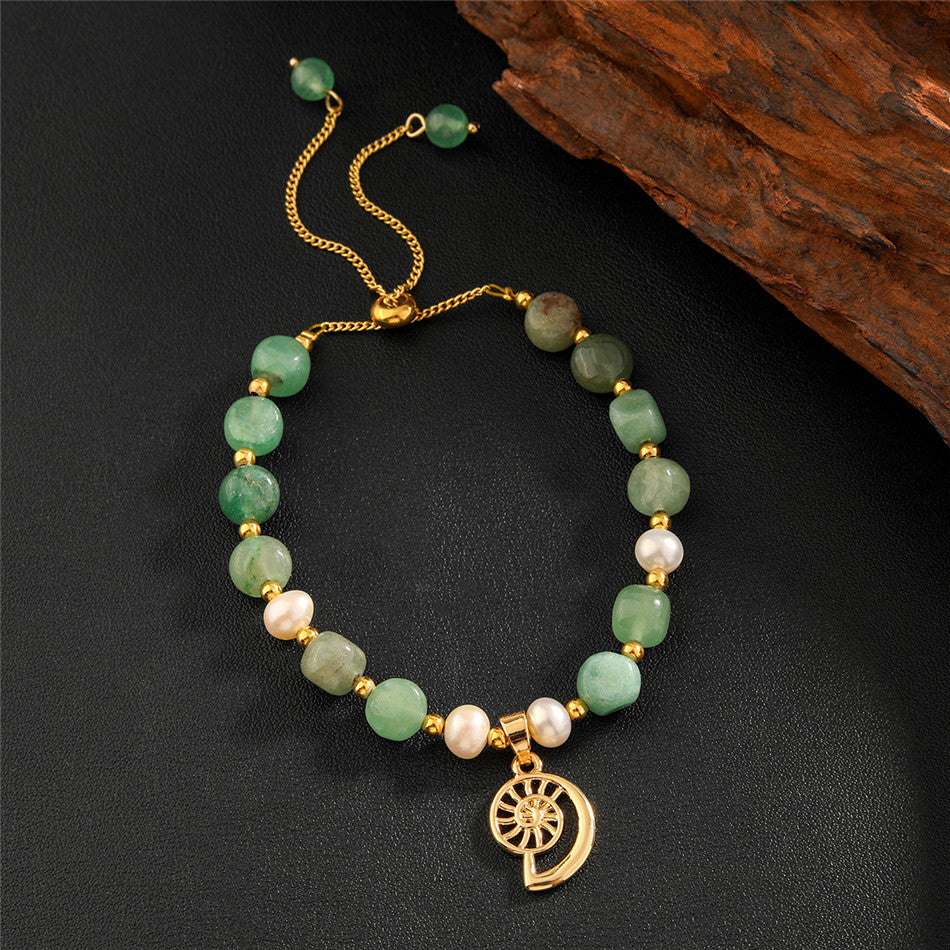 Green Gemstones & Pearls Bracelet With Light Silver Pearls And Golden Beads In Different Hawaiian Charms