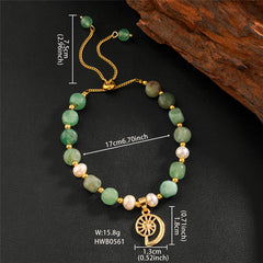 Green Gemstones & Pearls Bracelet With Light Silver Pearls And Golden Beads In Different Hawaiian Charms