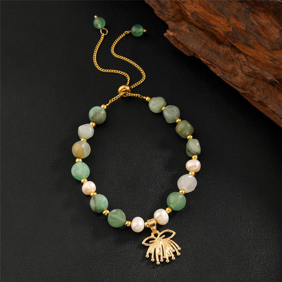 Green Gemstones & Pearls Bracelet With Light Silver Pearls And Golden Beads In Different Hawaiian Charms