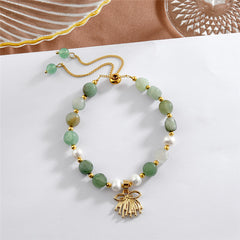 Green Gemstones & Pearls Bracelet With Light Silver Pearls And Golden Beads In Different Hawaiian Charms