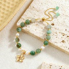 Green Gemstones & Pearls Bracelet With Light Silver Pearls And Golden Beads In Different Hawaiian Charms