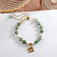 Green Gemstones & Pearls Bracelet With Light Silver Pearls And Golden Beads In Different Hawaiian Charms