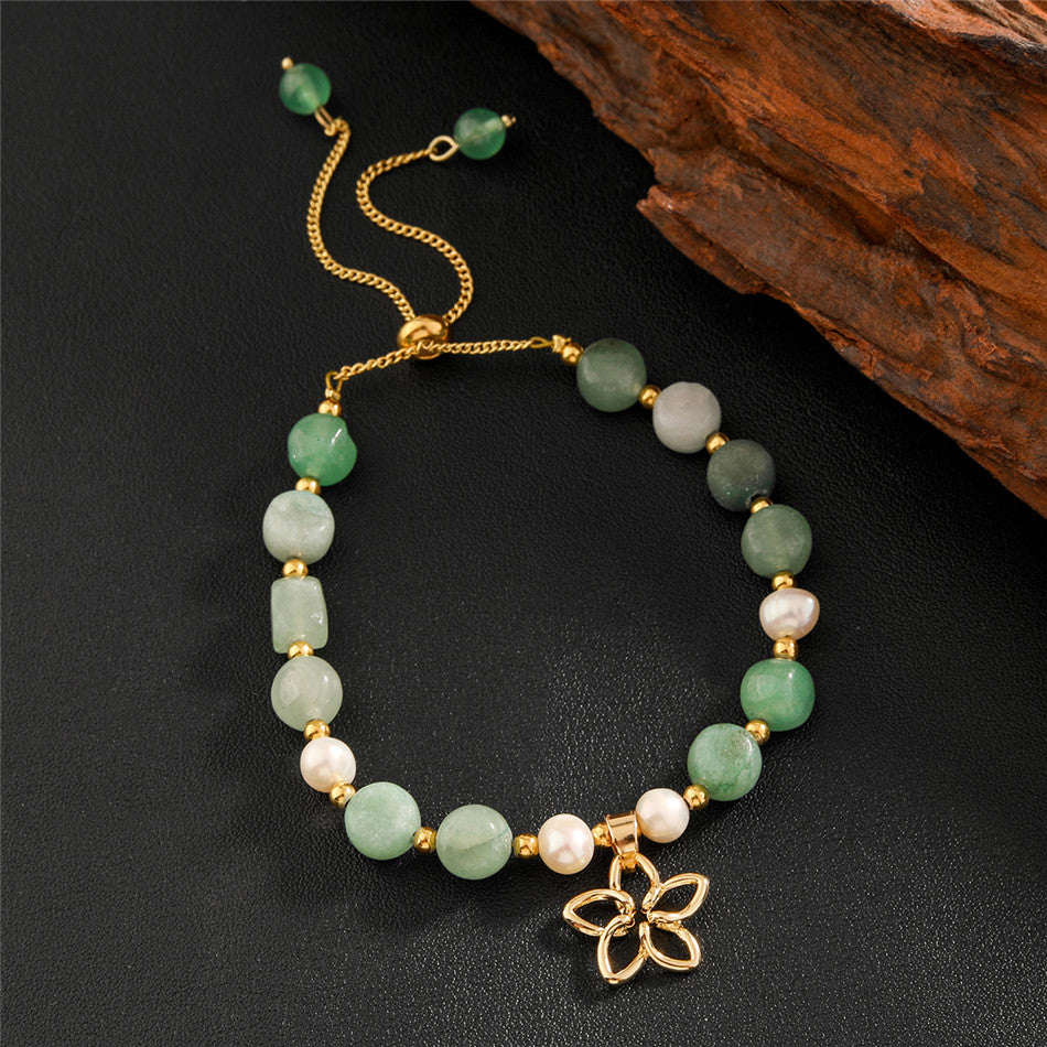 Green Gemstones & Pearls Bracelet With Light Silver Pearls And Golden Beads In Different Hawaiian Charms