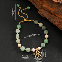 Green Gemstones & Pearls Bracelet With Light Silver Pearls And Golden Beads In Different Hawaiian Charms