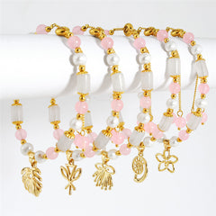 Pearl Bracelet With Light Pink Pearls And Golden Beads In Different Hawaiian Charms