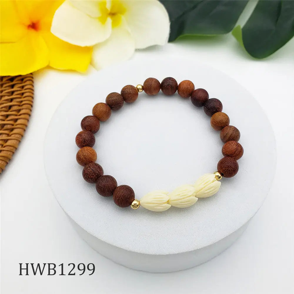 Hawaiian Golden And Wooden Beads Bracelet With 3 Ivory Color Pikake Flower Beads