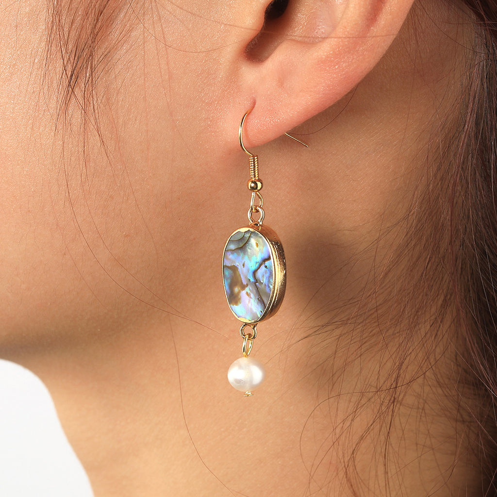 Abalone Shell Teardrop Dangle Earrings Sustained With Semi Baroque Pearl In Different Colors