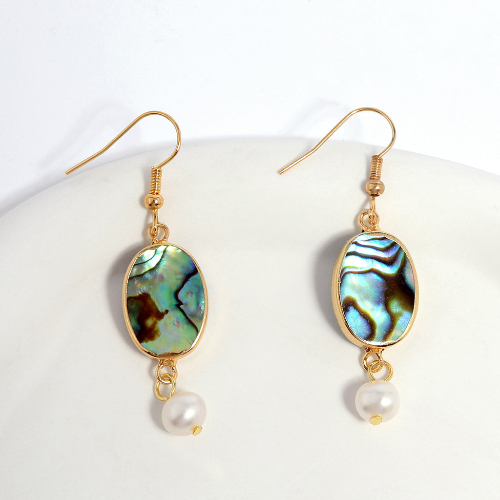 Abalone Shell Teardrop Dangle Earrings Sustained With Semi Baroque Pearl In Different Colors