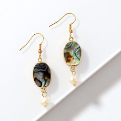 Abalone Shell Teardrop Dangle Earrings Sustained With Semi Baroque Pearl In Different Colors