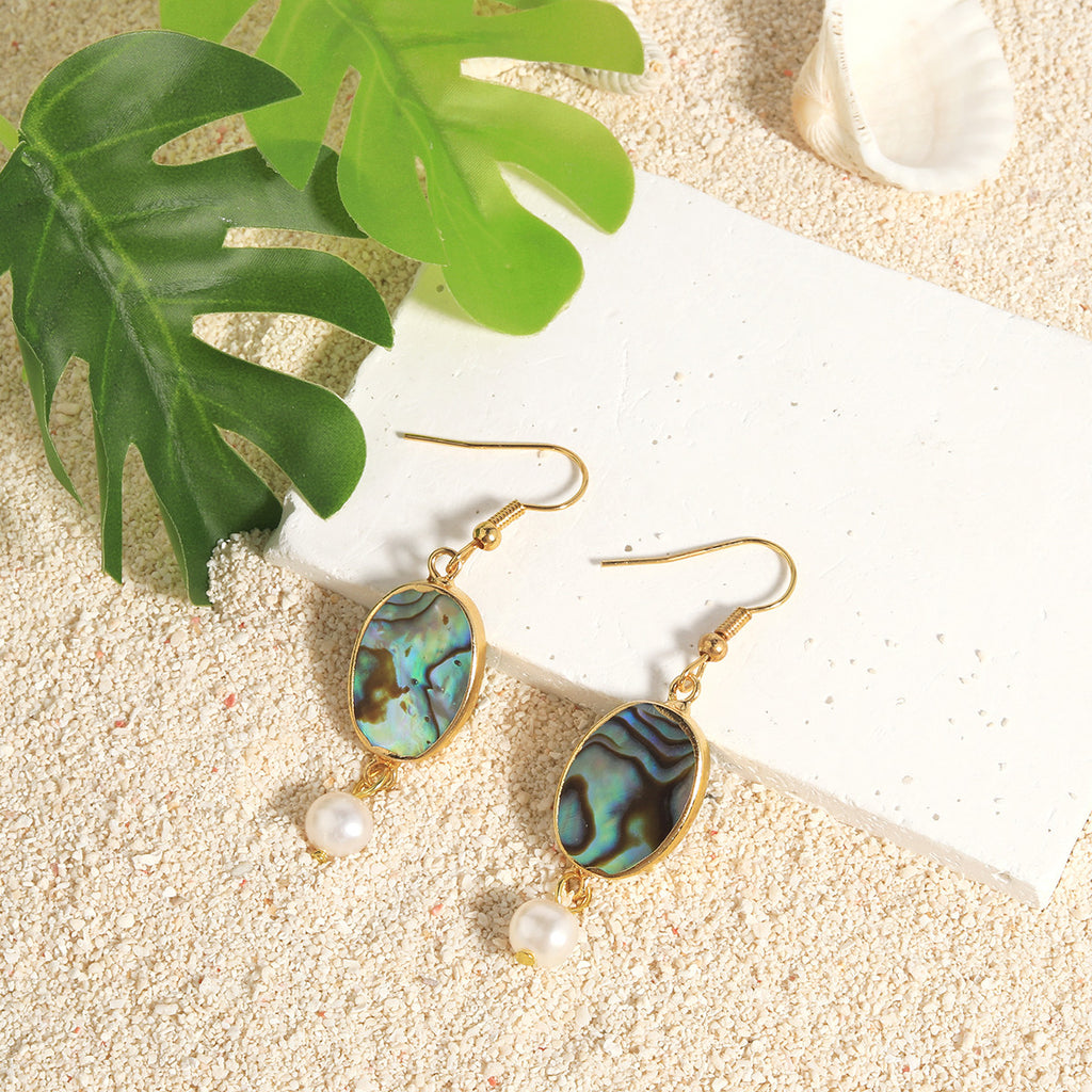 Abalone Shell Teardrop Dangle Earrings Sustained With Semi Baroque Pearl In Different Colors