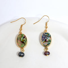 Abalone Shell Teardrop Dangle Earrings Sustained With Semi Baroque Pearl In Different Colors