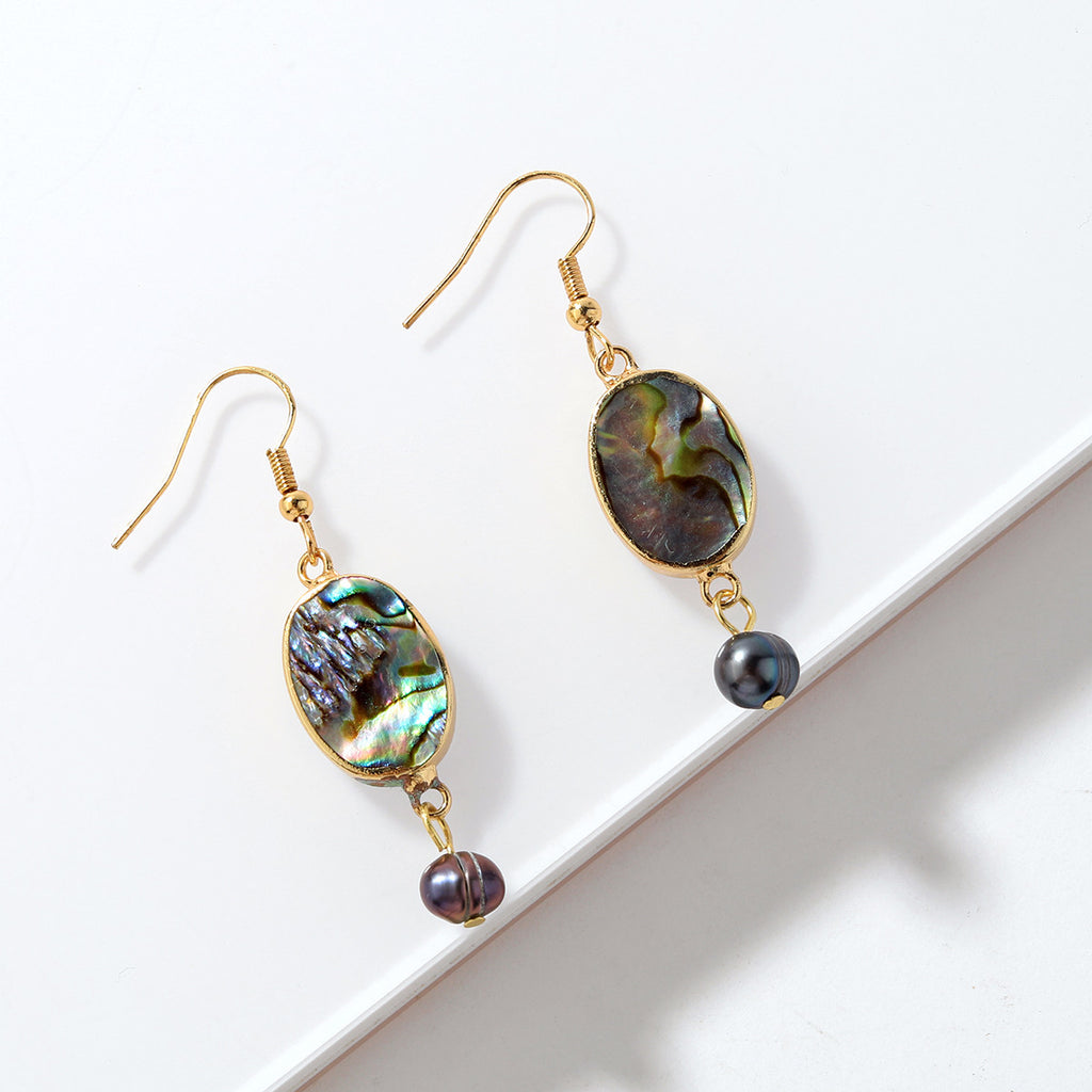 Abalone Shell Teardrop Dangle Earrings Sustained With Semi Baroque Pearl In Different Colors