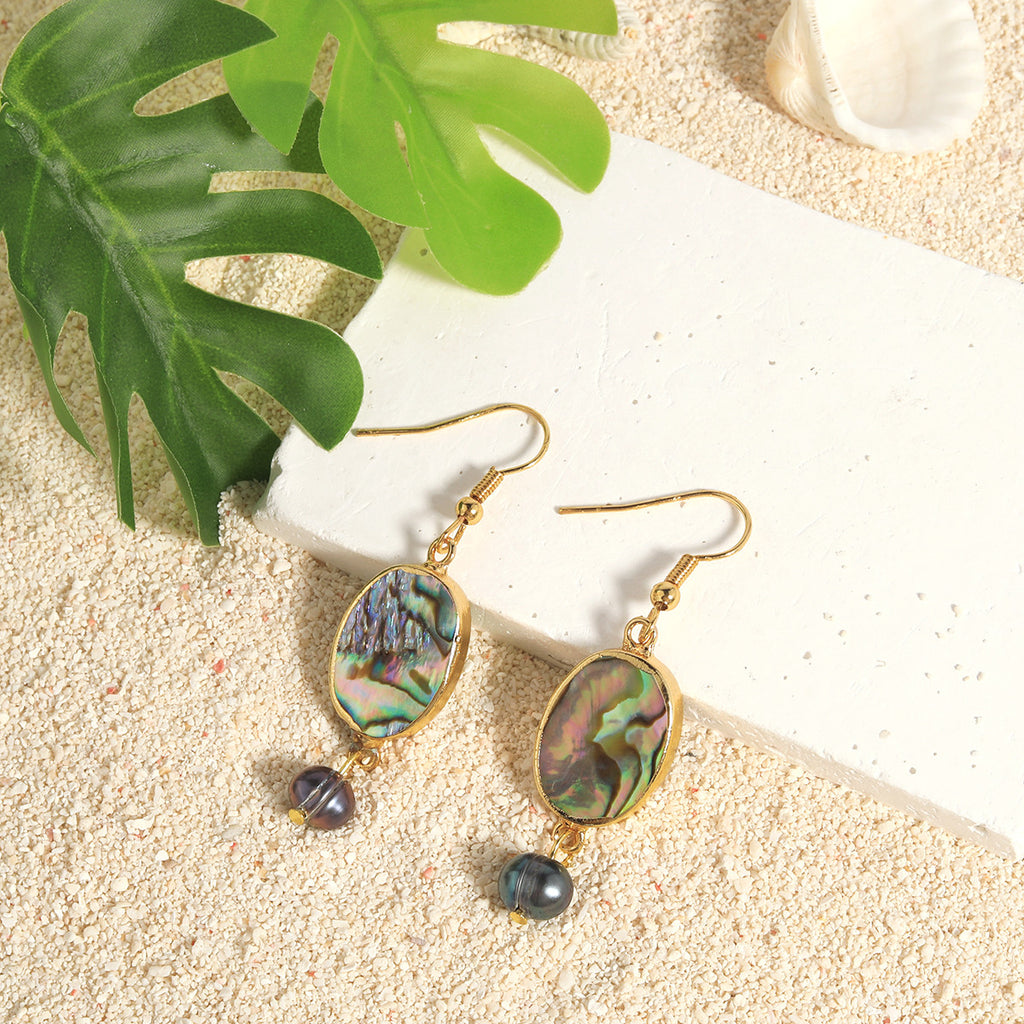 Abalone Shell Teardrop Dangle Earrings Sustained With Semi Baroque Pearl In Different Colors