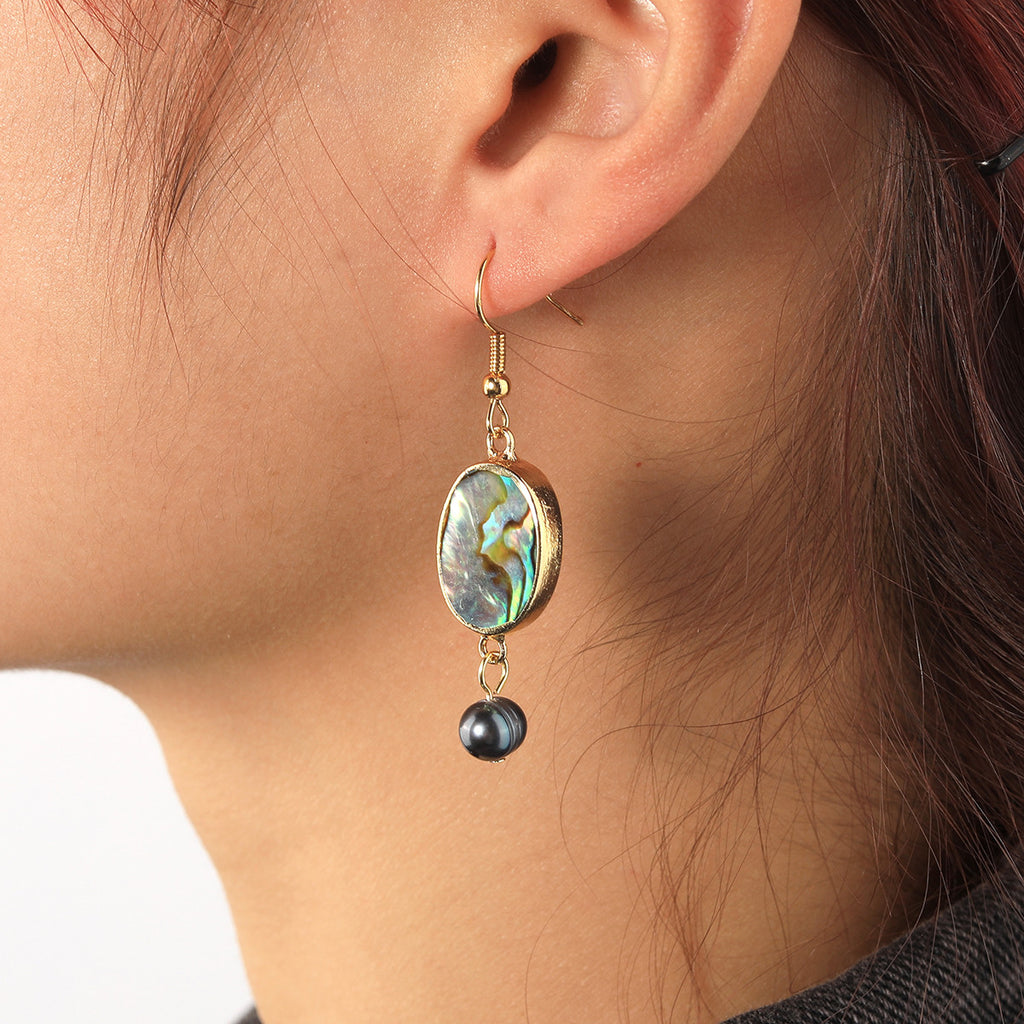 Abalone Shell Teardrop Dangle Earrings Sustained With Semi Baroque Pearl In Different Colors