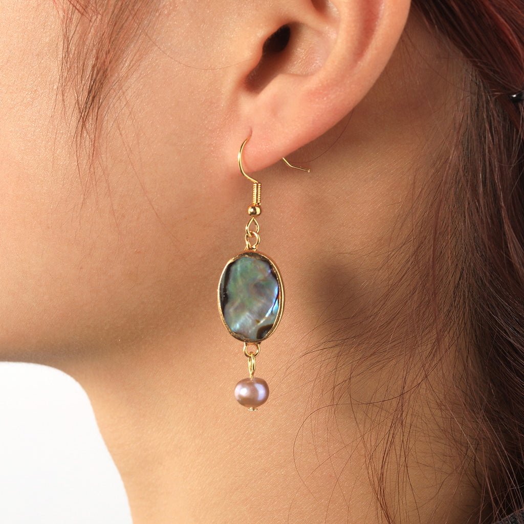 Abalone Shell Teardrop Dangle Earrings Sustained With Semi Baroque Pearl In Different Colors