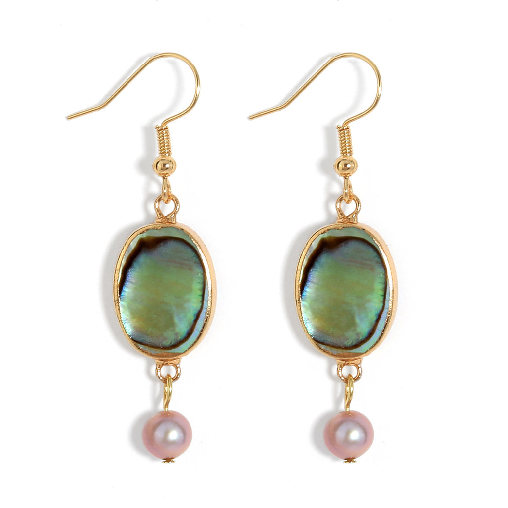 Abalone Shell Teardrop Dangle Earrings Sustained With Semi Baroque Pearl In Different Colors