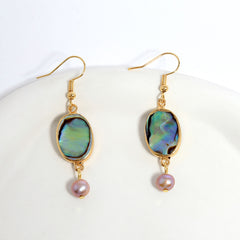 Abalone Shell Teardrop Dangle Earrings Sustained With Semi Baroque Pearl In Different Colors