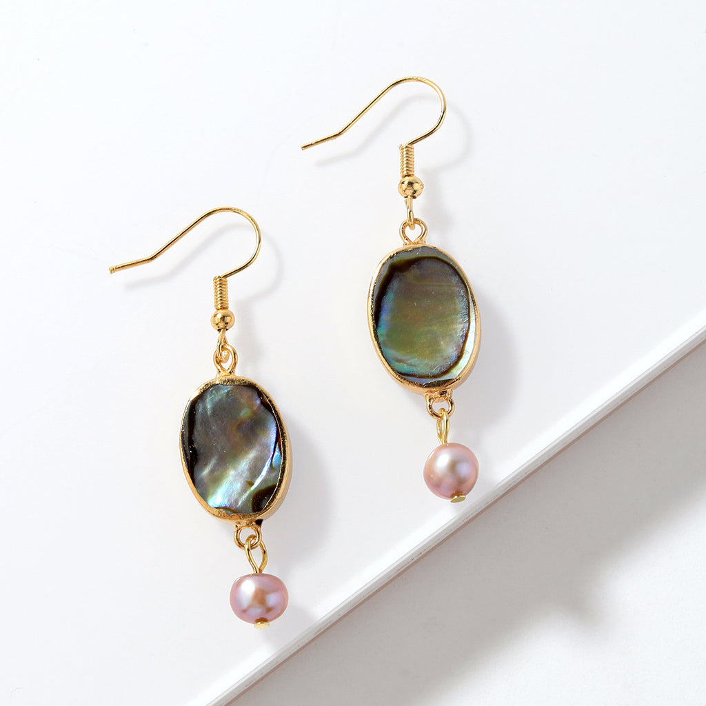 Abalone Shell Teardrop Dangle Earrings Sustained With Semi Baroque Pearl In Different Colors