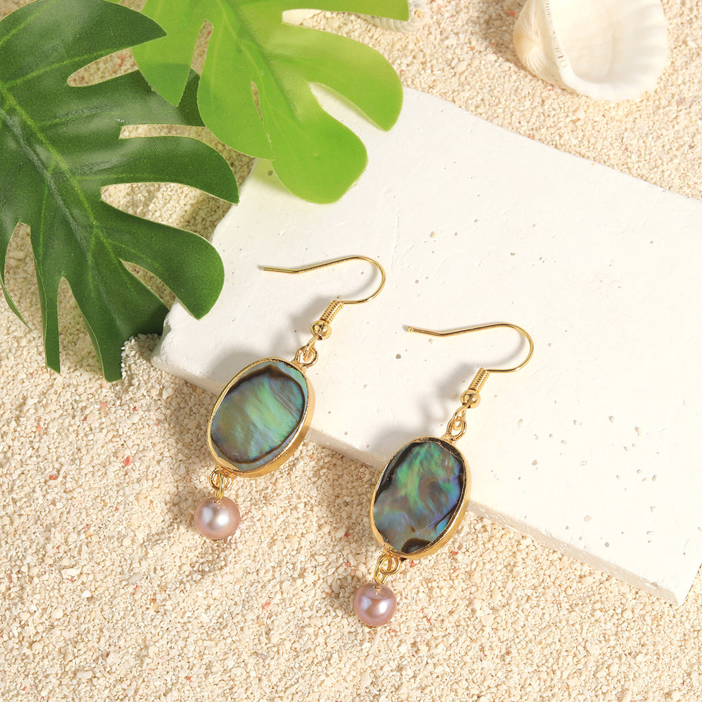 Abalone Shell Teardrop Dangle Earrings Sustained With Semi Baroque Pearl In Different Colors