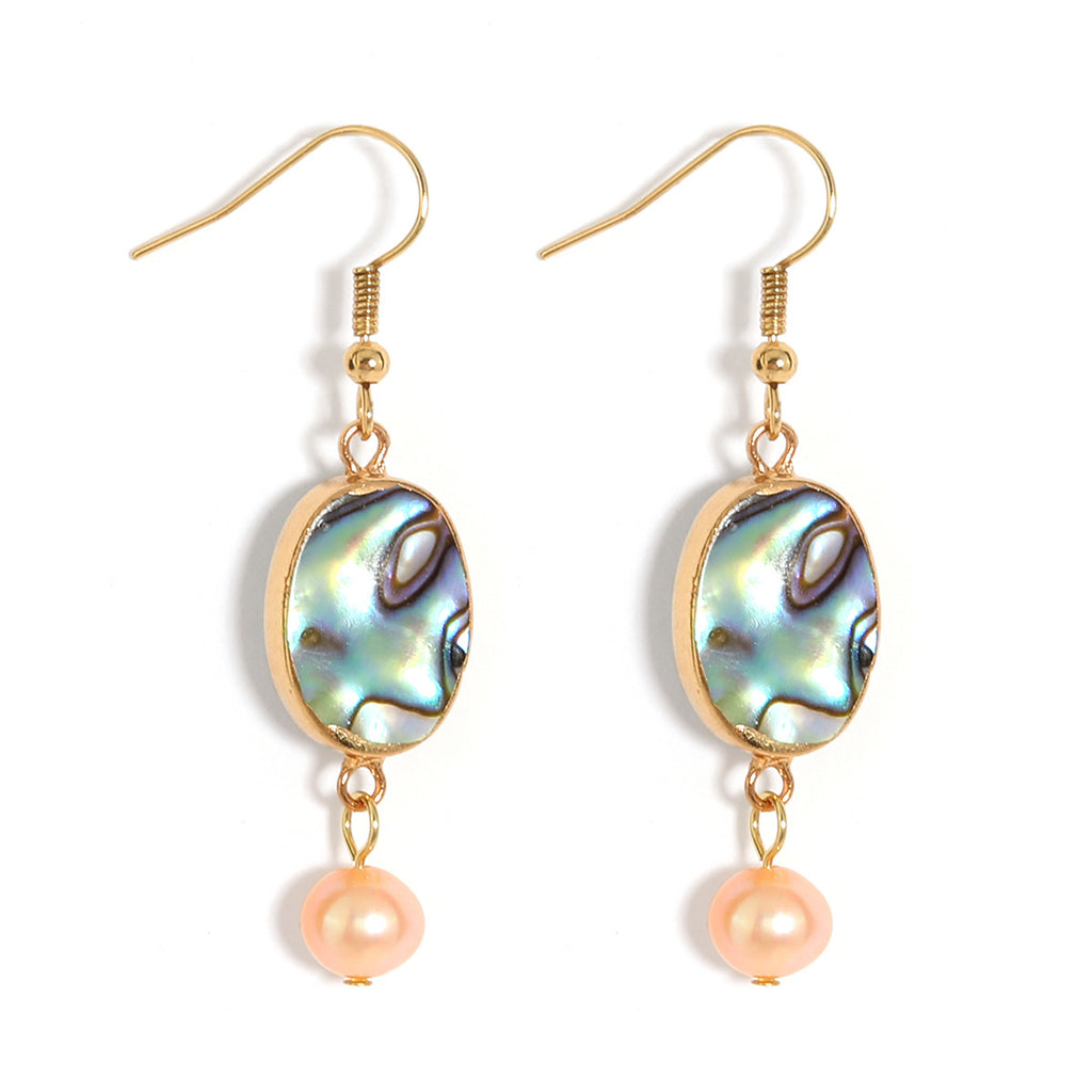 Abalone Shell Teardrop Dangle Earrings Sustained With Semi Baroque Pearl In Different Colors