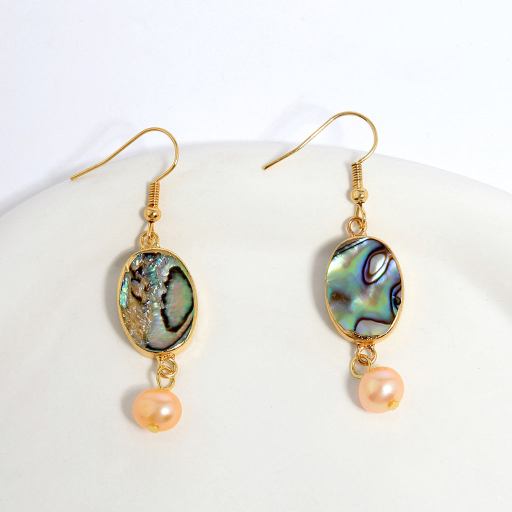 Abalone Shell Teardrop Dangle Earrings Sustained With Semi Baroque Pearl In Different Colors