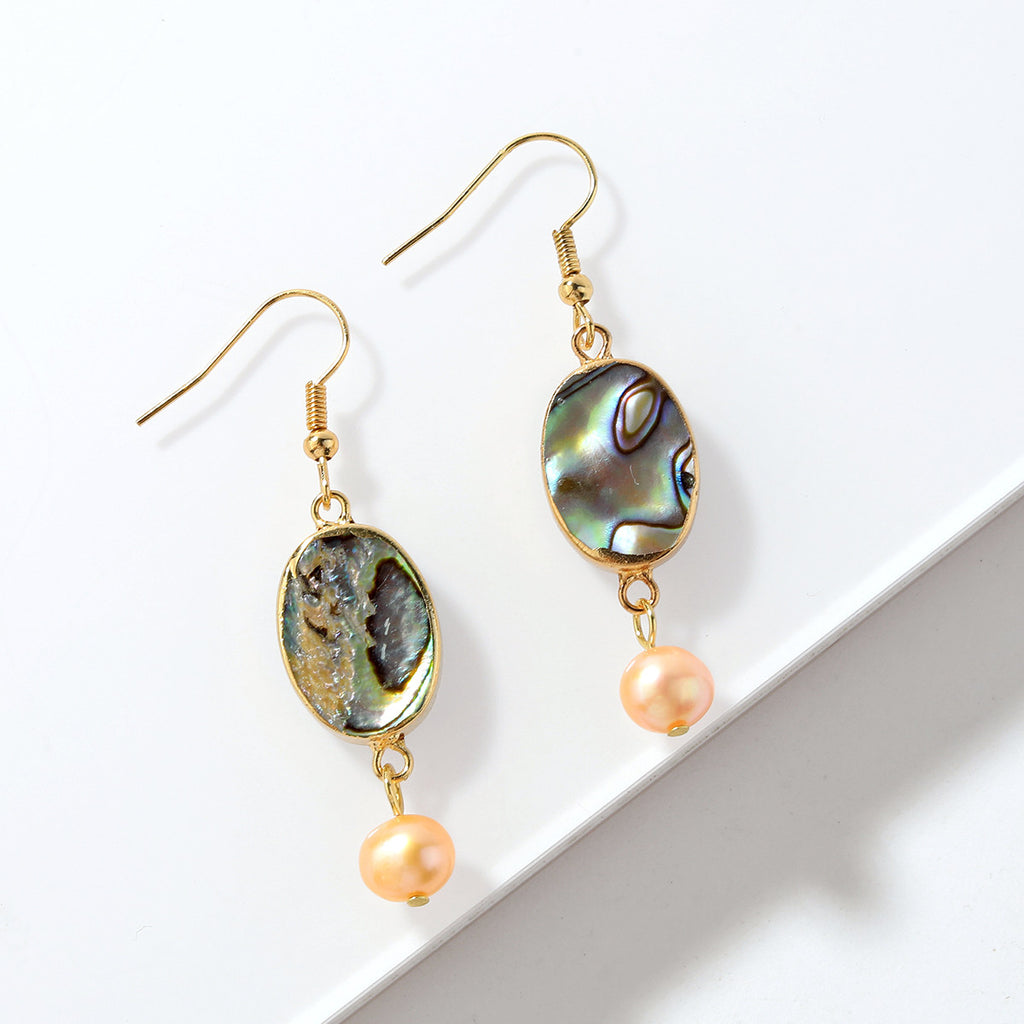 Abalone Shell Teardrop Dangle Earrings Sustained With Semi Baroque Pearl In Different Colors