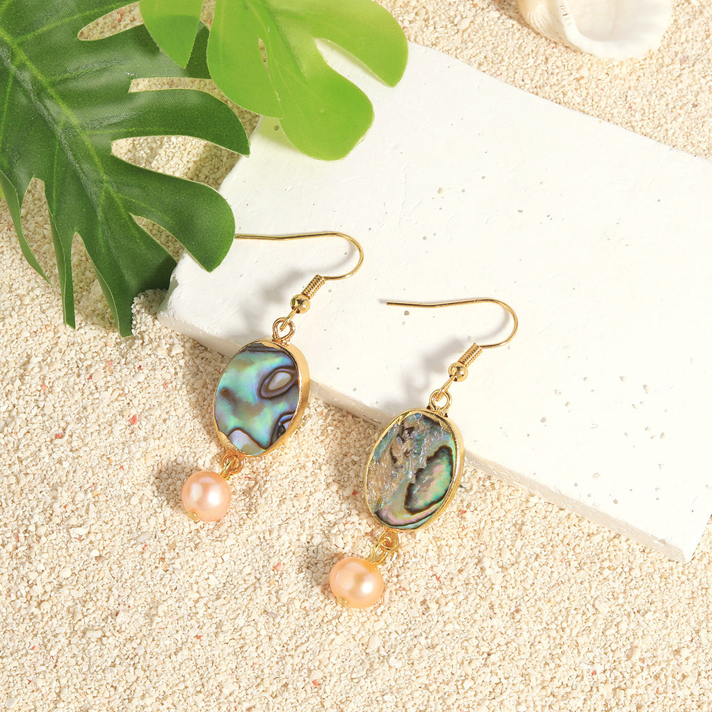 Abalone Shell Teardrop Dangle Earrings Sustained With Semi Baroque Pearl In Different Colors