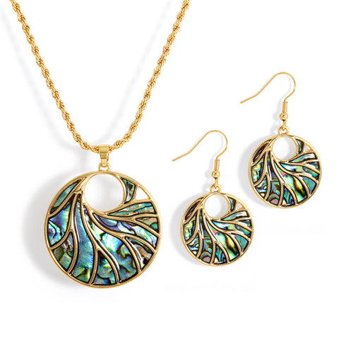 Set Of Circle With Abalone Waves Earrings And Necklace