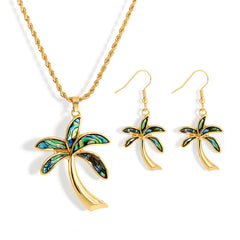 Set Of Hawaiian Abalone Palm Tree Earrings And Necklace