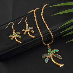 Set Of Hawaiian Abalone Palm Tree Earrings And Necklace