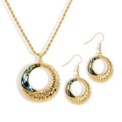 Set Of Carved Round Earrings And Necklace With Abalone