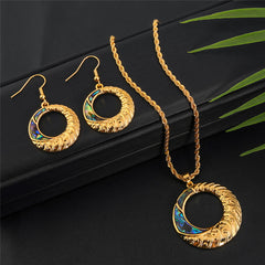 Set Of Carved Round Earrings And Necklace With Abalone