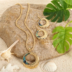 Set Of Carved Round Earrings And Necklace With Abalone